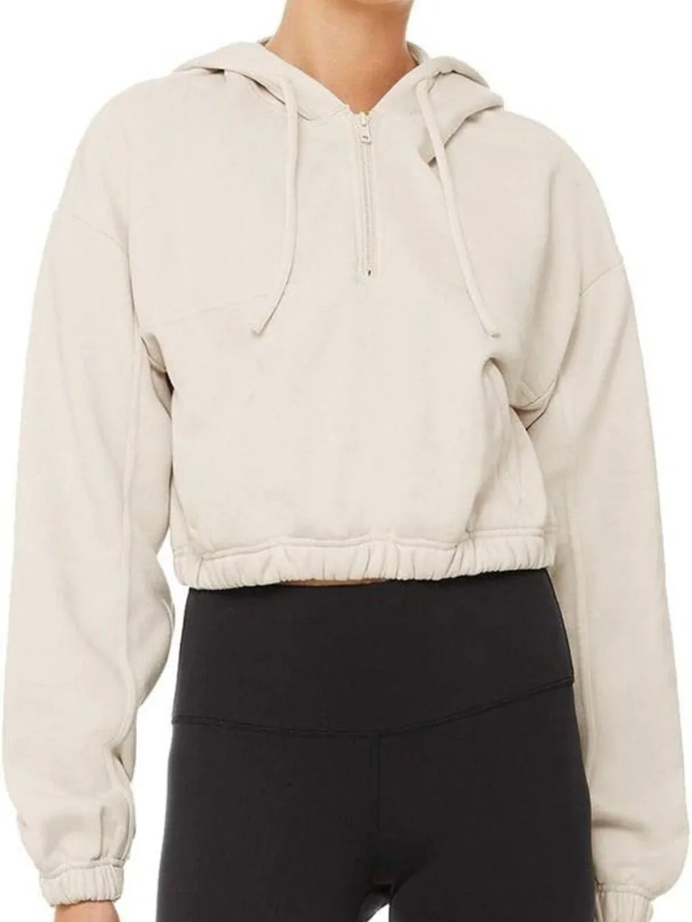 Alo Stadium 1/2 Zip Cropped Hoodie in Bone